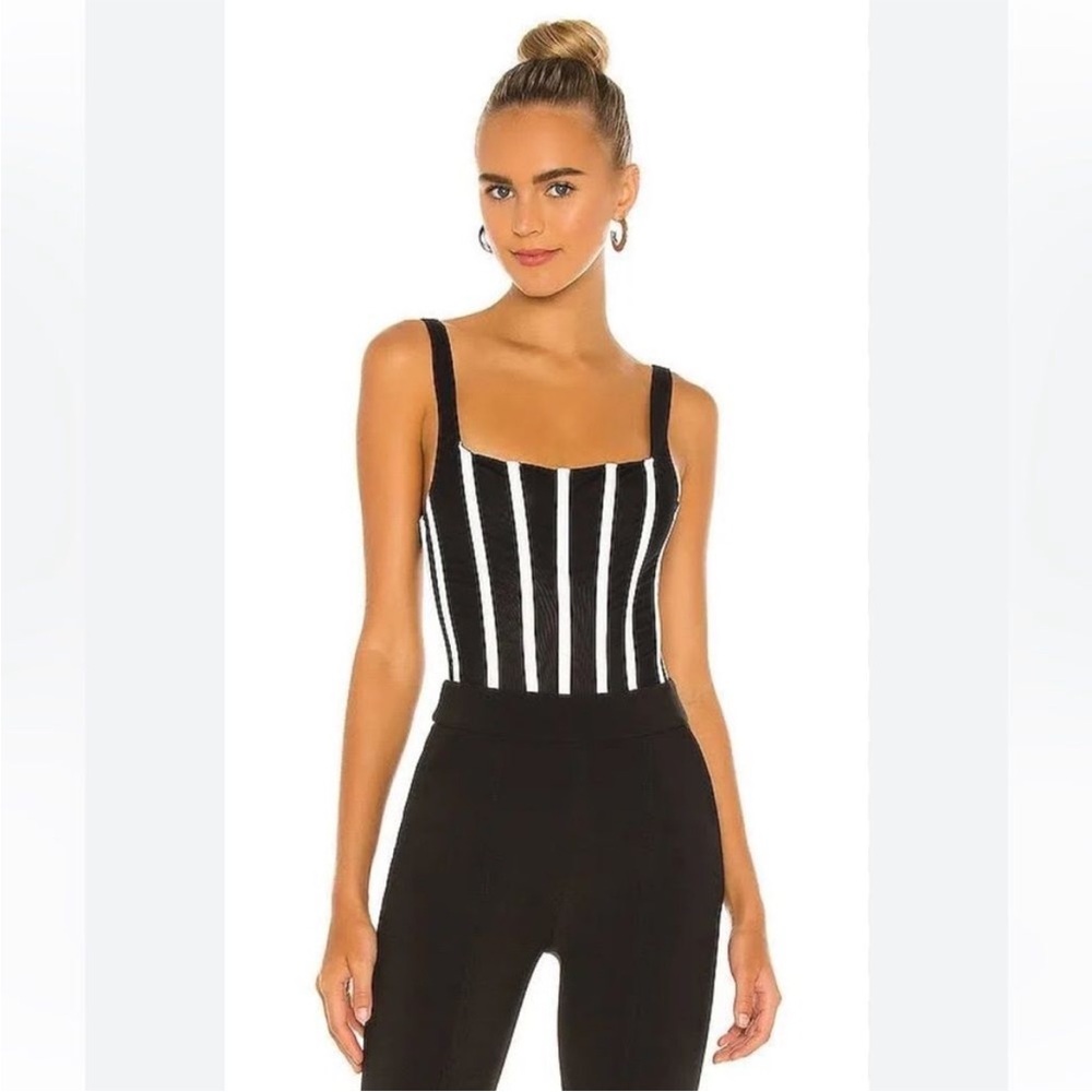 Revolve MISHA COLLECTION Black and White Striped Bodysuit Top